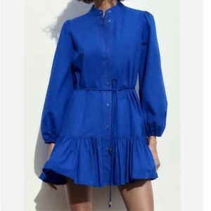 Zara Cobalt Blue belted ruffled hem cotton shirt dress woman’s small